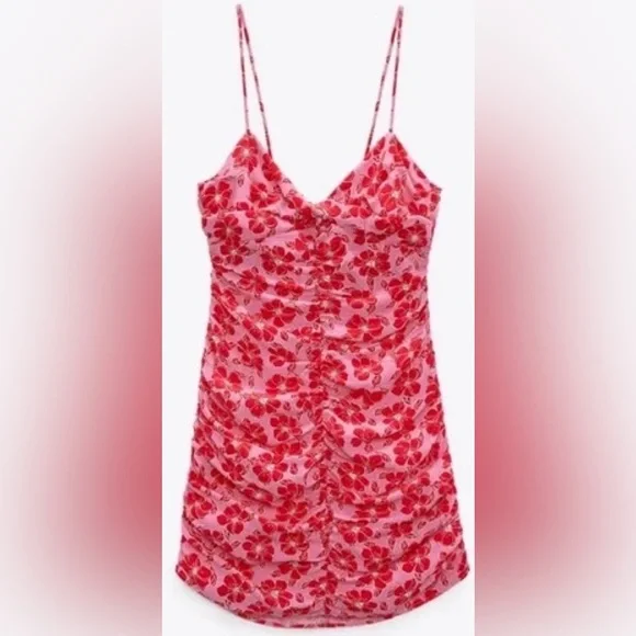 Zara Womens Pink‎ Red Floral Ruched Bodycon Mini Dress Sz Med Summer 💕 - Picture 14 of 14